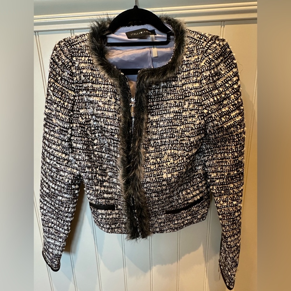 STELLA & JAMIE Ladies Women’s Size Small Black & White Jacket Fur Trim